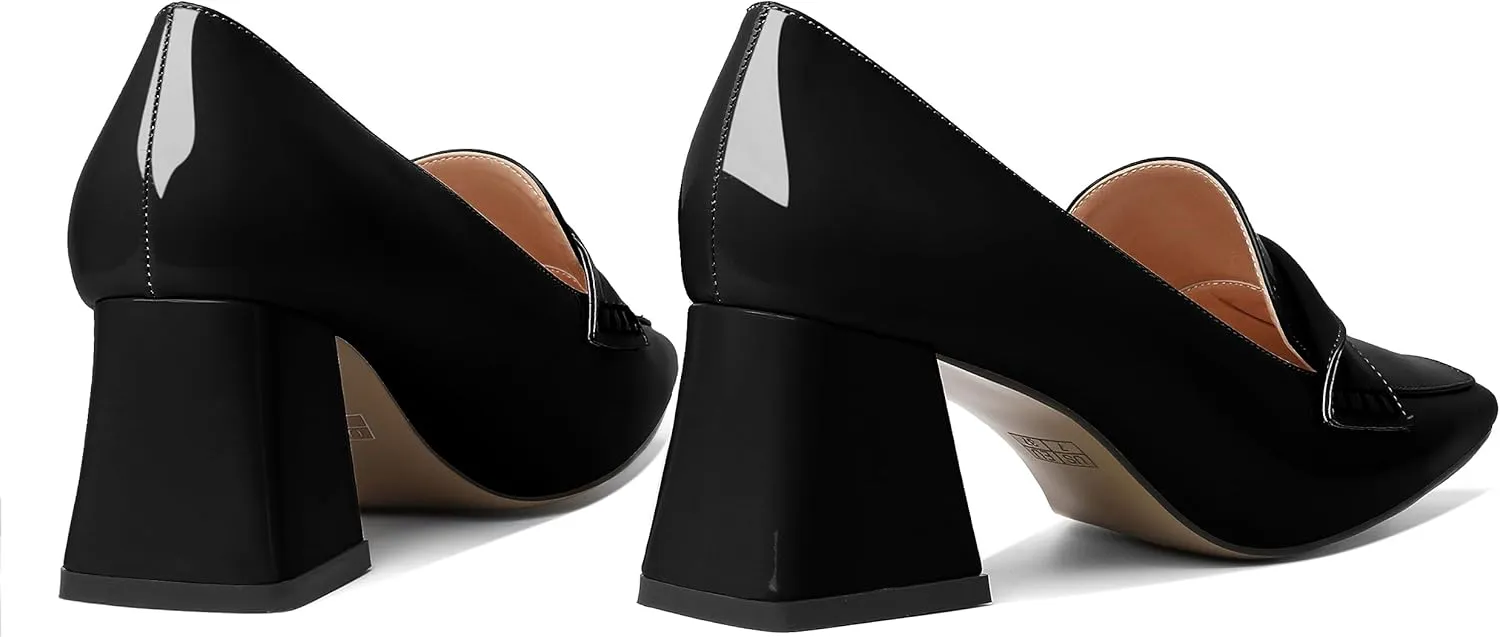 Esvowido Women's Loafer Pumps Low Block Chunky Heels Slip on Pumps Closed Square Toe Fashion Dress Shoes for Work Office 2.5 Inch