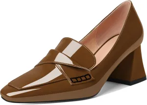 Esvowido Women's Loafer Pumps Low Block Chunky Heels Slip on Pumps Closed Square Toe Fashion Dress Shoes for Work Office 2.5 Inch