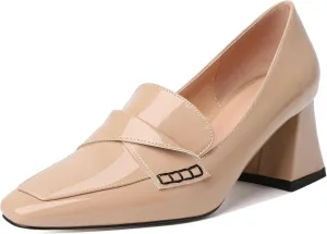 Esvowido Women's Loafer Pumps Low Block Chunky Heels Slip on Pumps Closed Square Toe Fashion Dress Shoes for Work Office 2.5 Inch