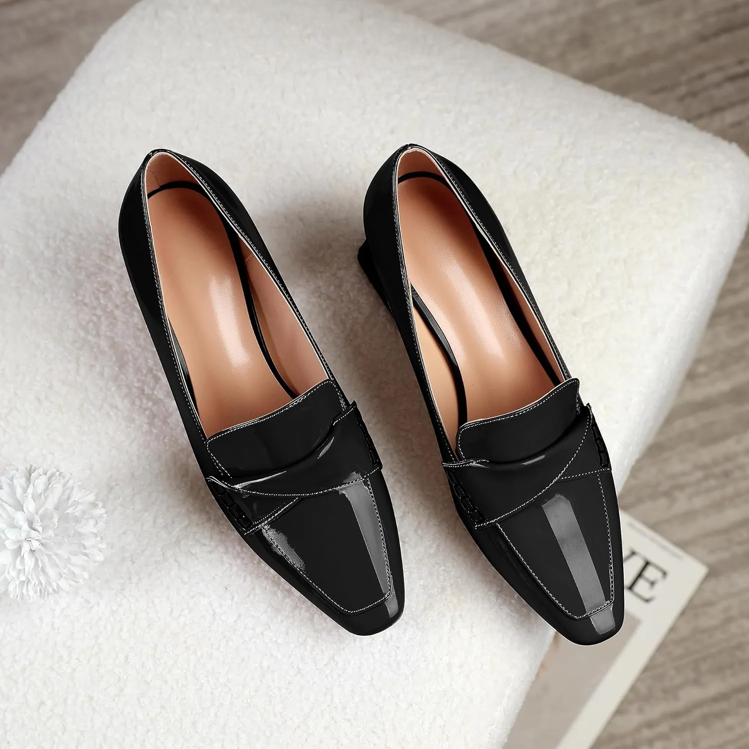 Esvowido Women's Loafer Pumps Low Block Chunky Heels Slip on Pumps Closed Square Toe Fashion Dress Shoes for Work Office 2.5 Inch