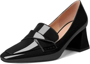 Esvowido Women's Loafer Pumps Low Block Chunky Heels Slip on Pumps Closed Square Toe Fashion Dress Shoes for Work Office 2.5 Inch