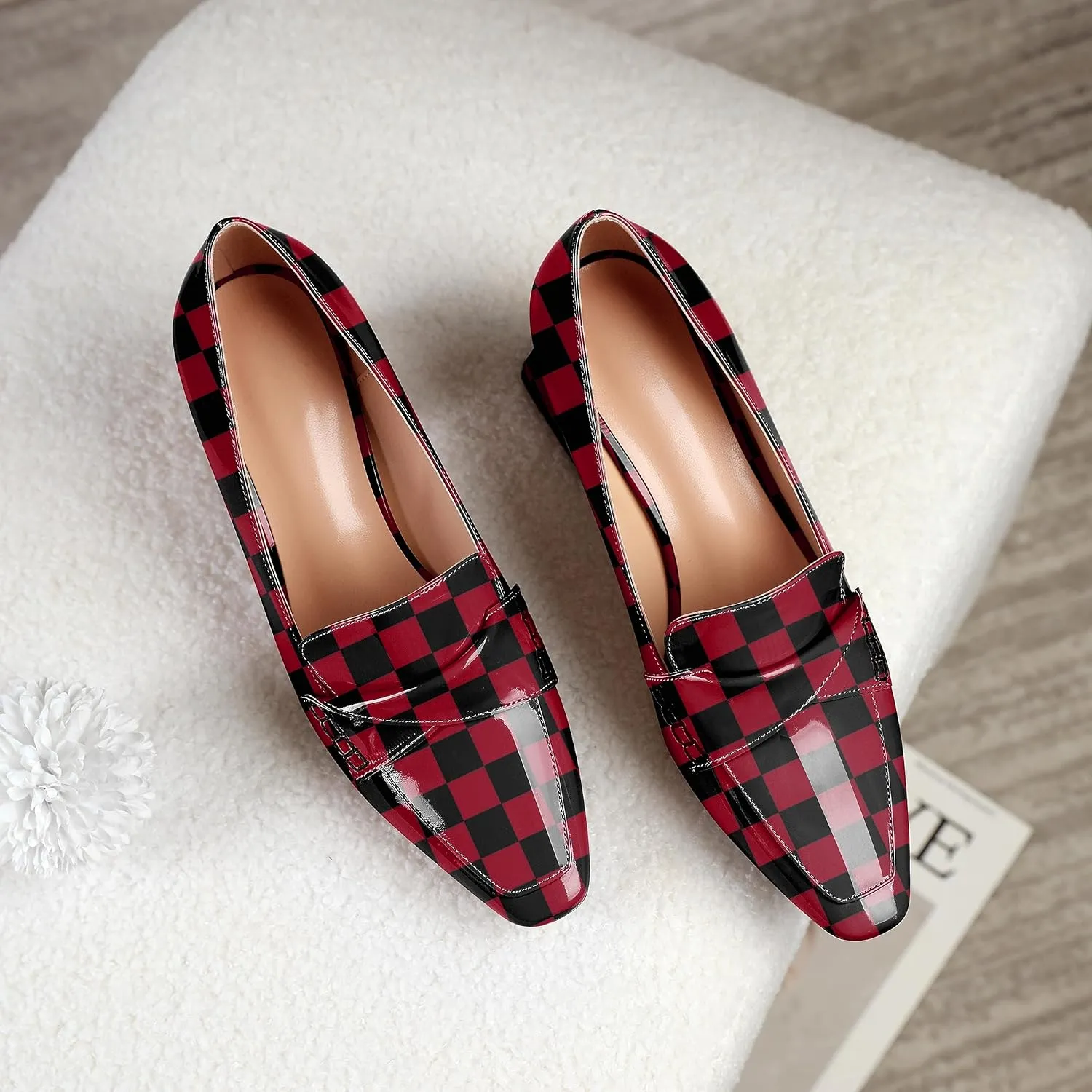 Esvowido Women's Loafer Pumps Low Block Chunky Heels Slip on Pumps Closed Square Toe Fashion Dress Shoes for Work Office 2.5 Inch