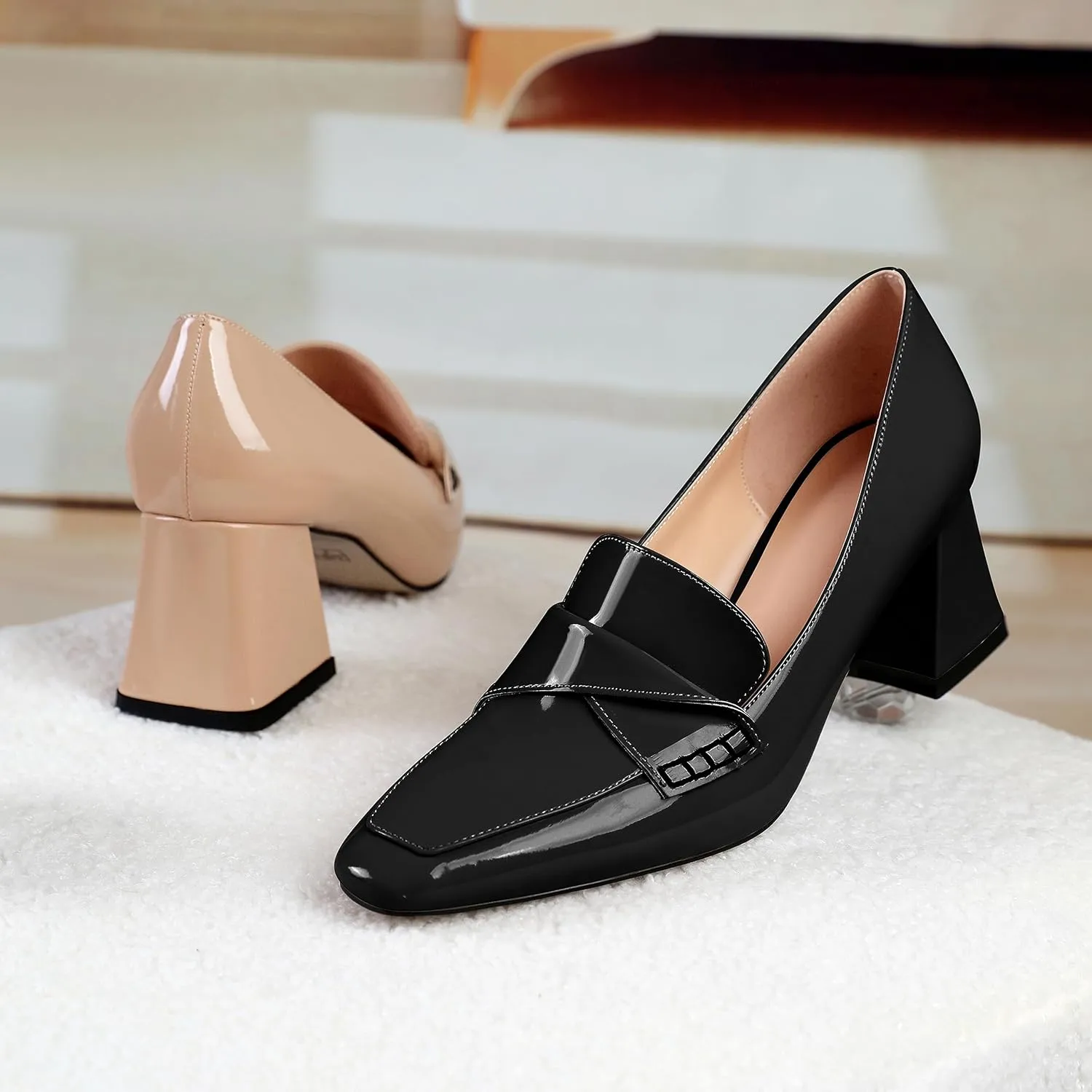 Esvowido Women's Loafer Pumps Low Block Chunky Heels Slip on Pumps Closed Square Toe Fashion Dress Shoes for Work Office 2.5 Inch