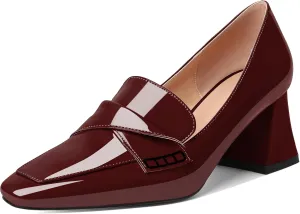 Esvowido Women's Loafer Pumps Low Block Chunky Heels Slip on Pumps Closed Square Toe Fashion Dress Shoes for Work Office 2.5 Inch
