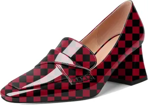 Esvowido Women's Loafer Pumps Low Block Chunky Heels Slip on Pumps Closed Square Toe Fashion Dress Shoes for Work Office 2.5 Inch