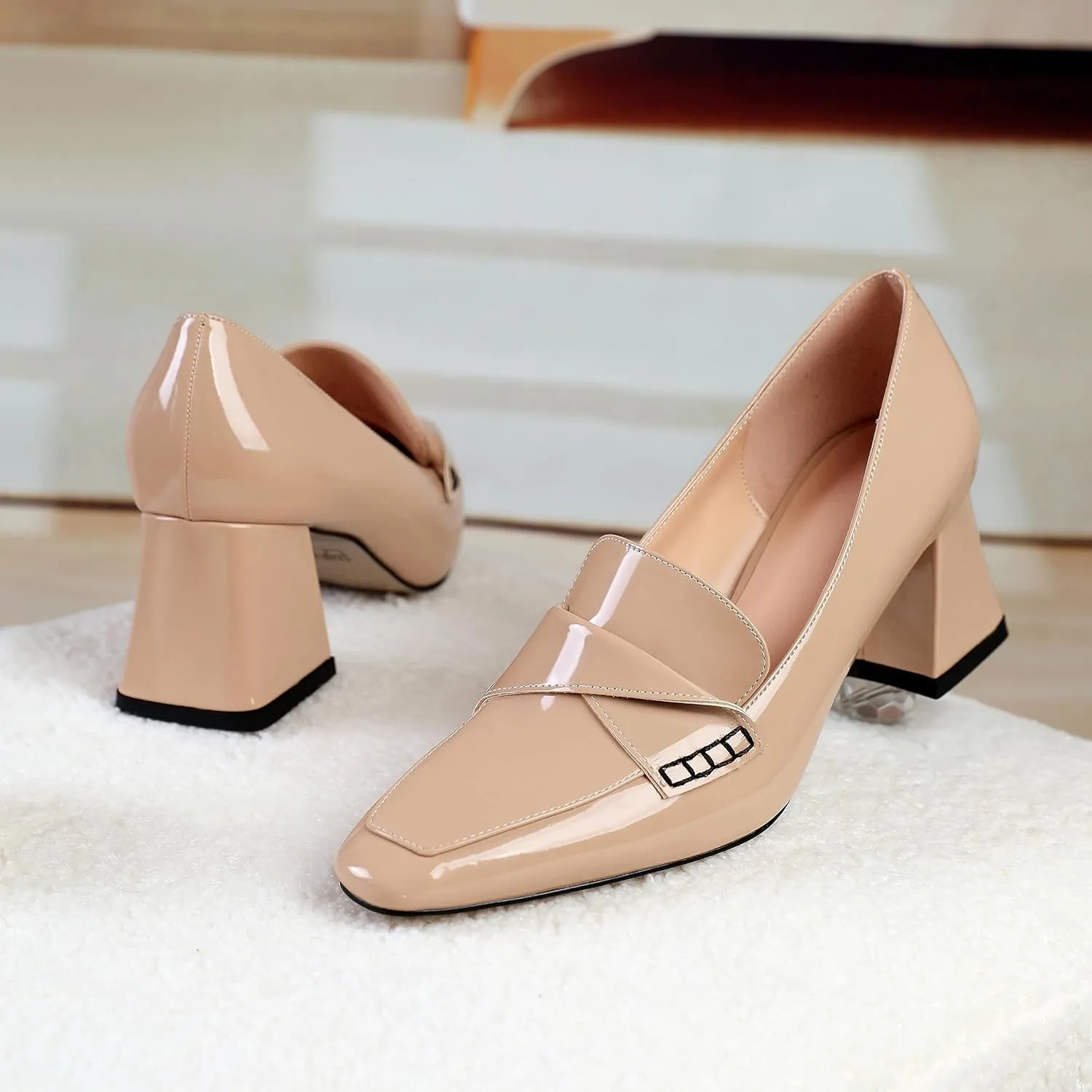 Esvowido Women's Loafer Pumps Low Block Chunky Heels Slip on Pumps Closed Square Toe Fashion Dress Shoes for Work Office 2.5 Inch