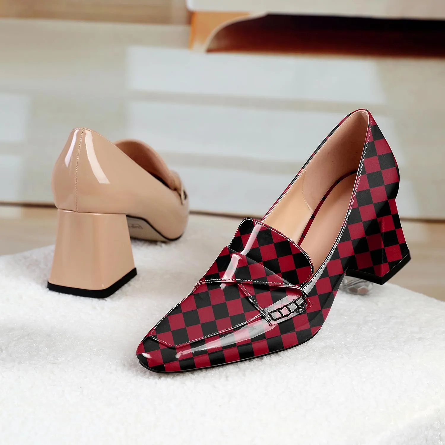 Esvowido Women's Loafer Pumps Low Block Chunky Heels Slip on Pumps Closed Square Toe Fashion Dress Shoes for Work Office 2.5 Inch