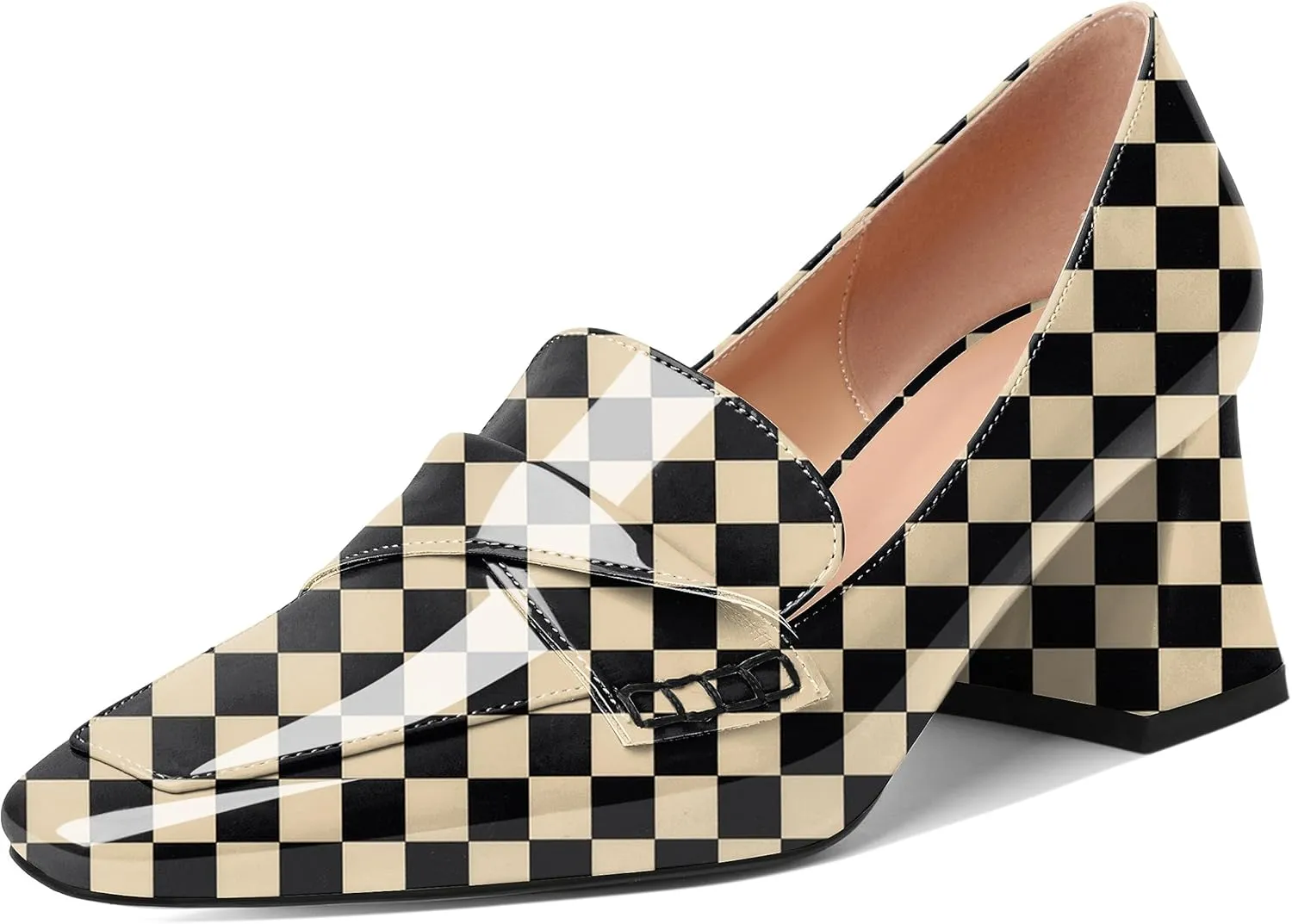 Esvowido Women's Loafer Pumps Low Block Chunky Heels Slip on Pumps Closed Square Toe Fashion Dress Shoes for Work Office 2.5 Inch