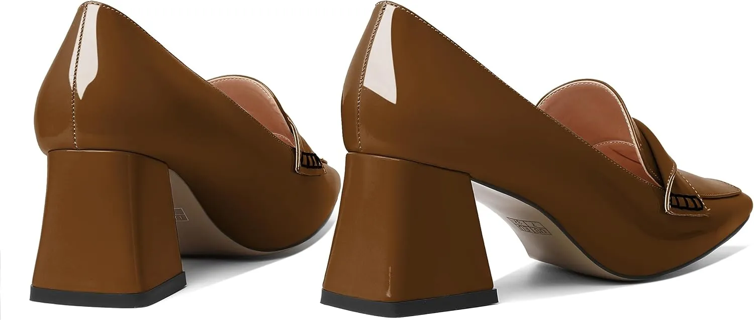 Esvowido Women's Loafer Pumps Low Block Chunky Heels Slip on Pumps Closed Square Toe Fashion Dress Shoes for Work Office 2.5 Inch