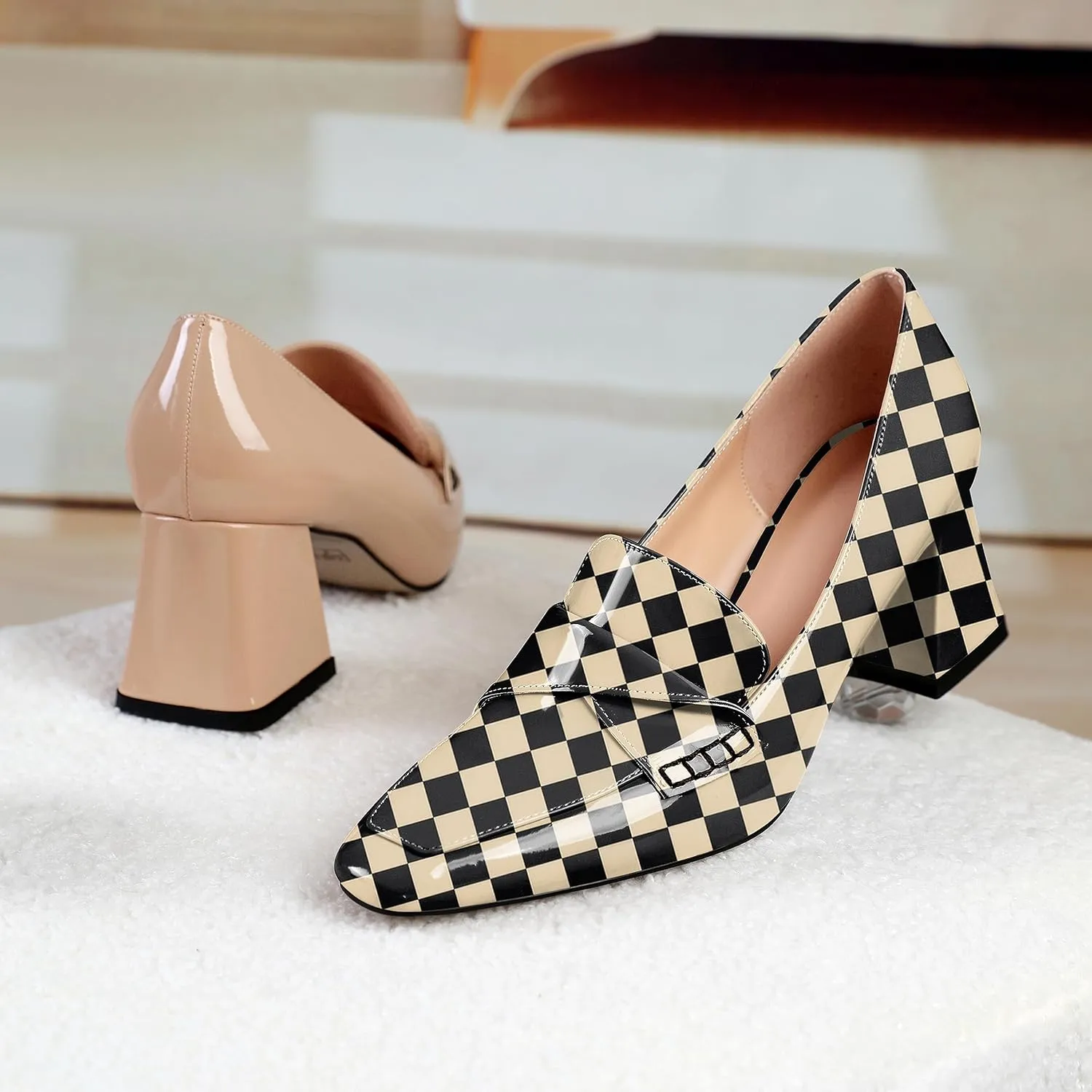 Esvowido Women's Loafer Pumps Low Block Chunky Heels Slip on Pumps Closed Square Toe Fashion Dress Shoes for Work Office 2.5 Inch