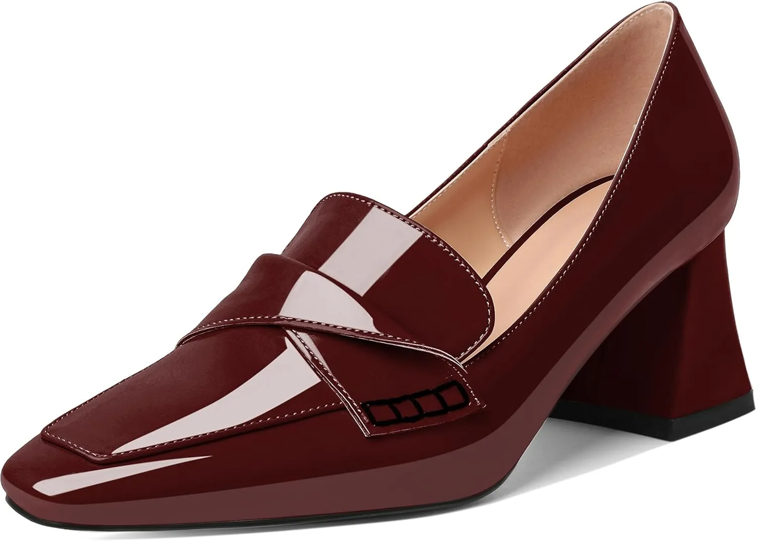 Esvowido Women's Loafer Pumps Low Block Chunky Heels Slip on Pumps Closed Square Toe Fashion Dress Shoes for Work Office 2.5 Inch
