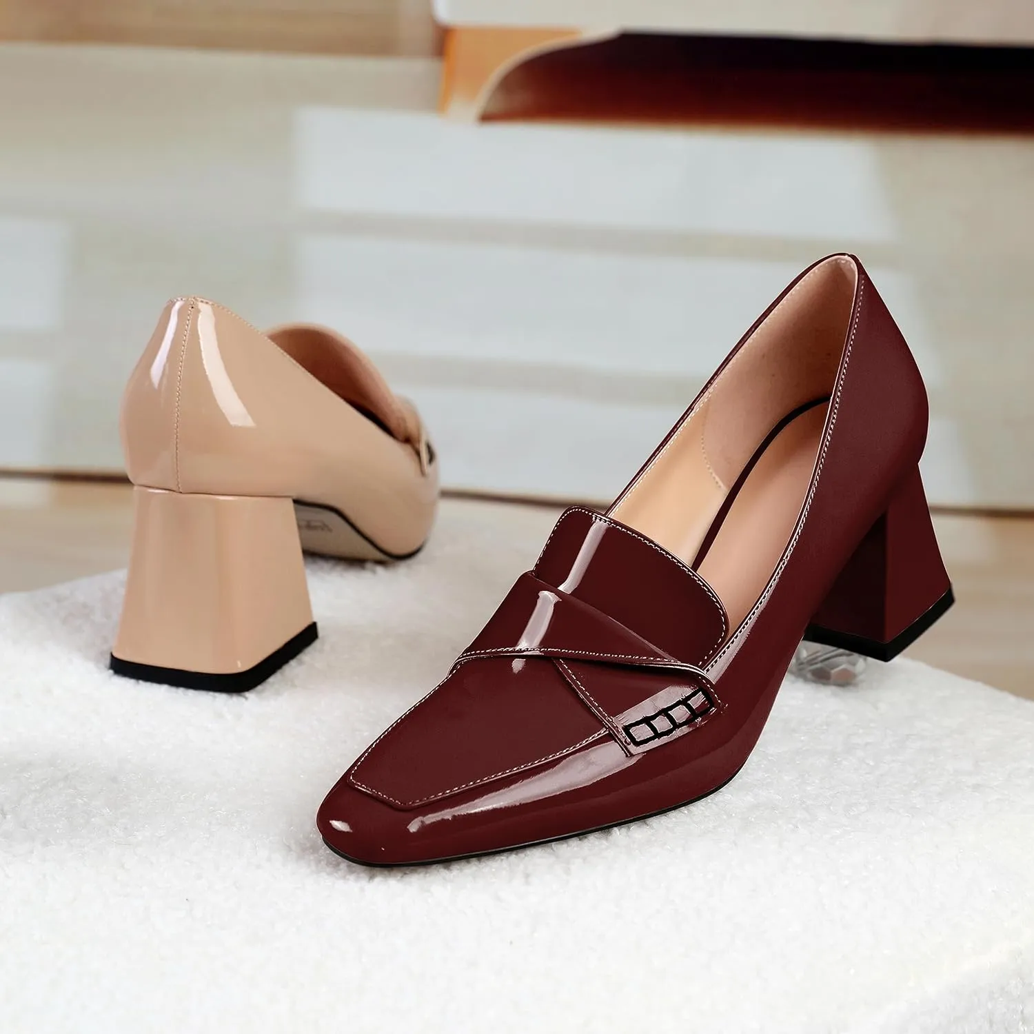 Esvowido Women's Loafer Pumps Low Block Chunky Heels Slip on Pumps Closed Square Toe Fashion Dress Shoes for Work Office 2.5 Inch