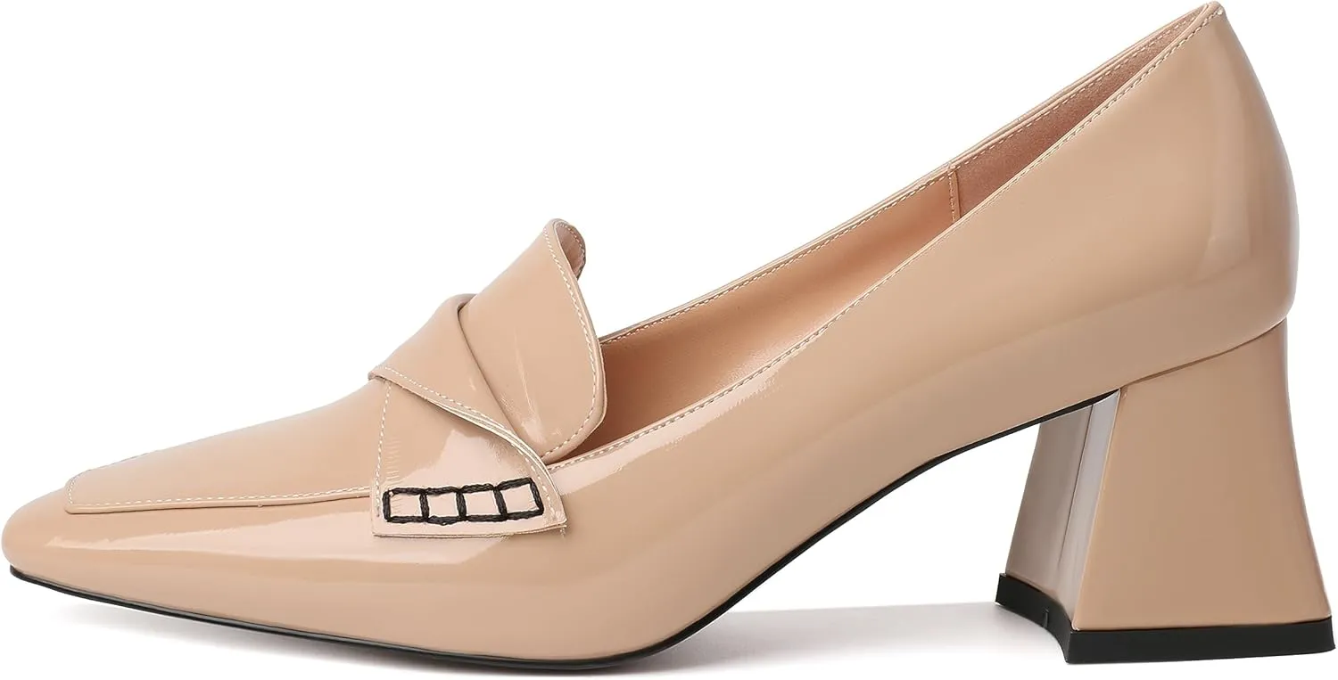 Esvowido Women's Loafer Pumps Low Block Chunky Heels Slip on Pumps Closed Square Toe Fashion Dress Shoes for Work Office 2.5 Inch