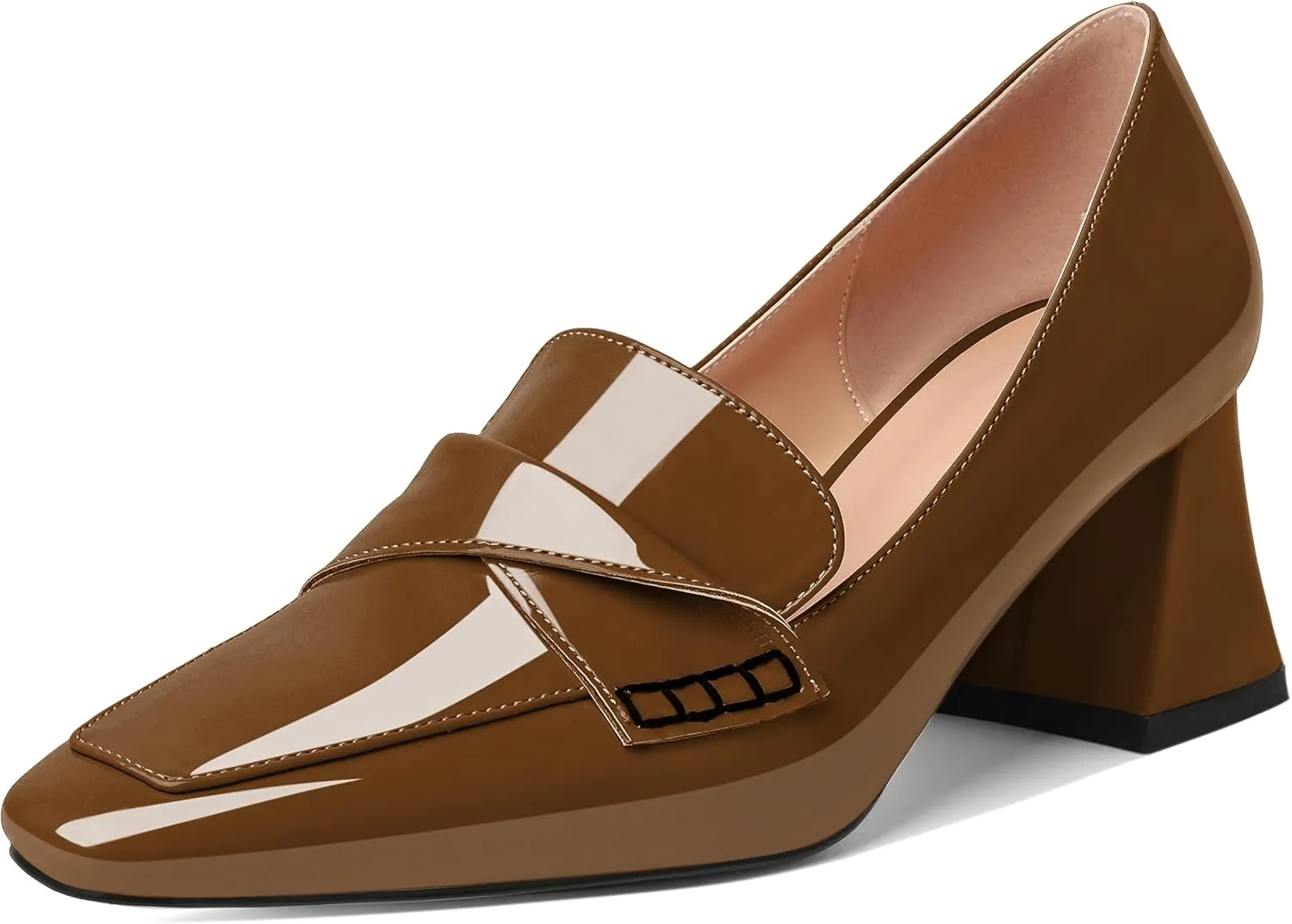 Esvowido Women's Loafer Pumps Low Block Chunky Heels Slip on Pumps Closed Square Toe Fashion Dress Shoes for Work Office 2.5 Inch
