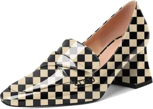 Esvowido Women's Loafer Pumps Low Block Chunky Heels Slip on Pumps Closed Square Toe Fashion Dress Shoes for Work Office 2.5 Inch