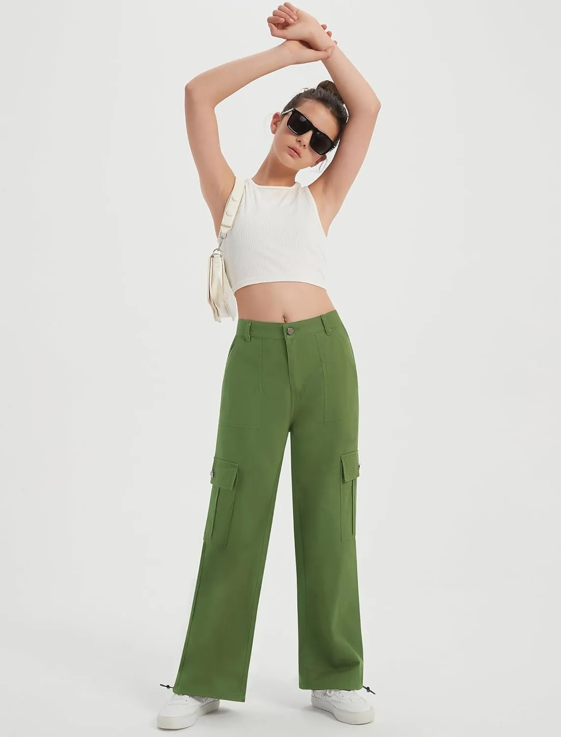 EXARUS Girls Jeans Cargo Pants Baggy Wide Leg High Elastic Waistband Kids Straight Denim Pant with Pockets Youth 8-14Y