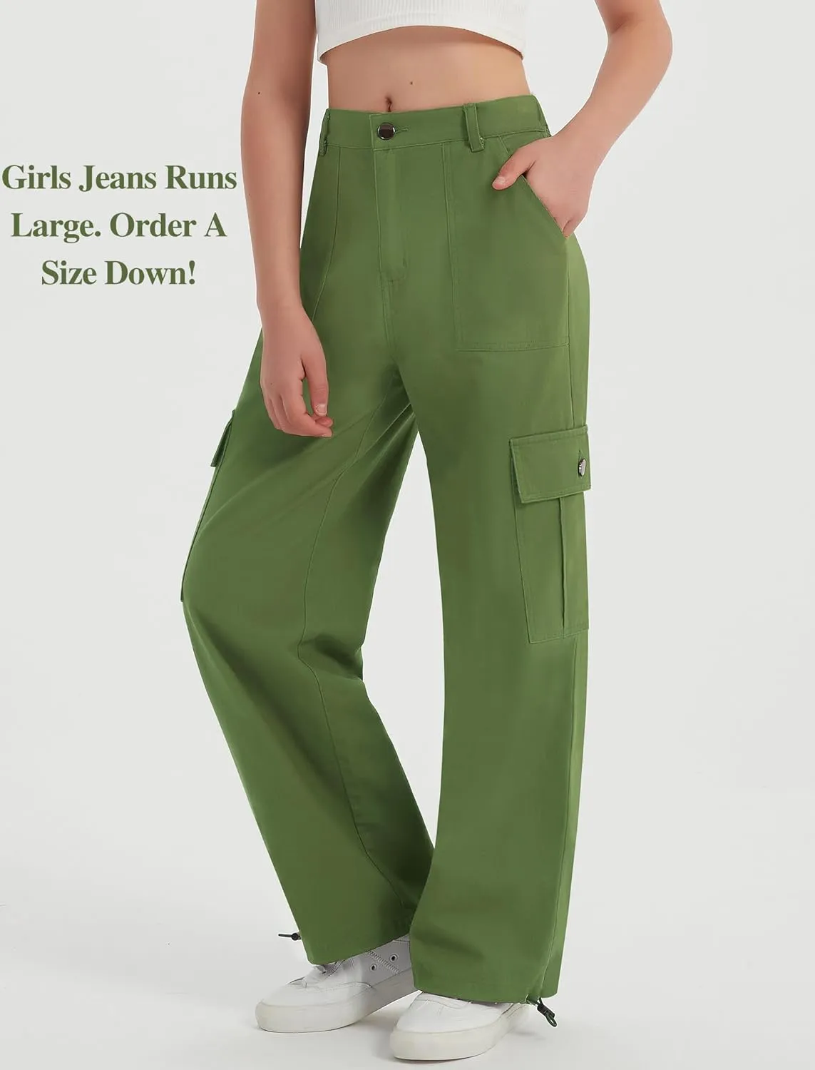 EXARUS Girls Jeans Cargo Pants Baggy Wide Leg High Elastic Waistband Kids Straight Denim Pant with Pockets Youth 8-14Y