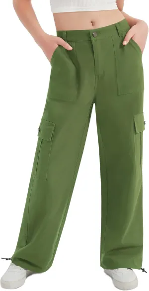 EXARUS Girls Jeans Cargo Pants Baggy Wide Leg High Elastic Waistband Kids Straight Denim Pant with Pockets Youth 8-14Y