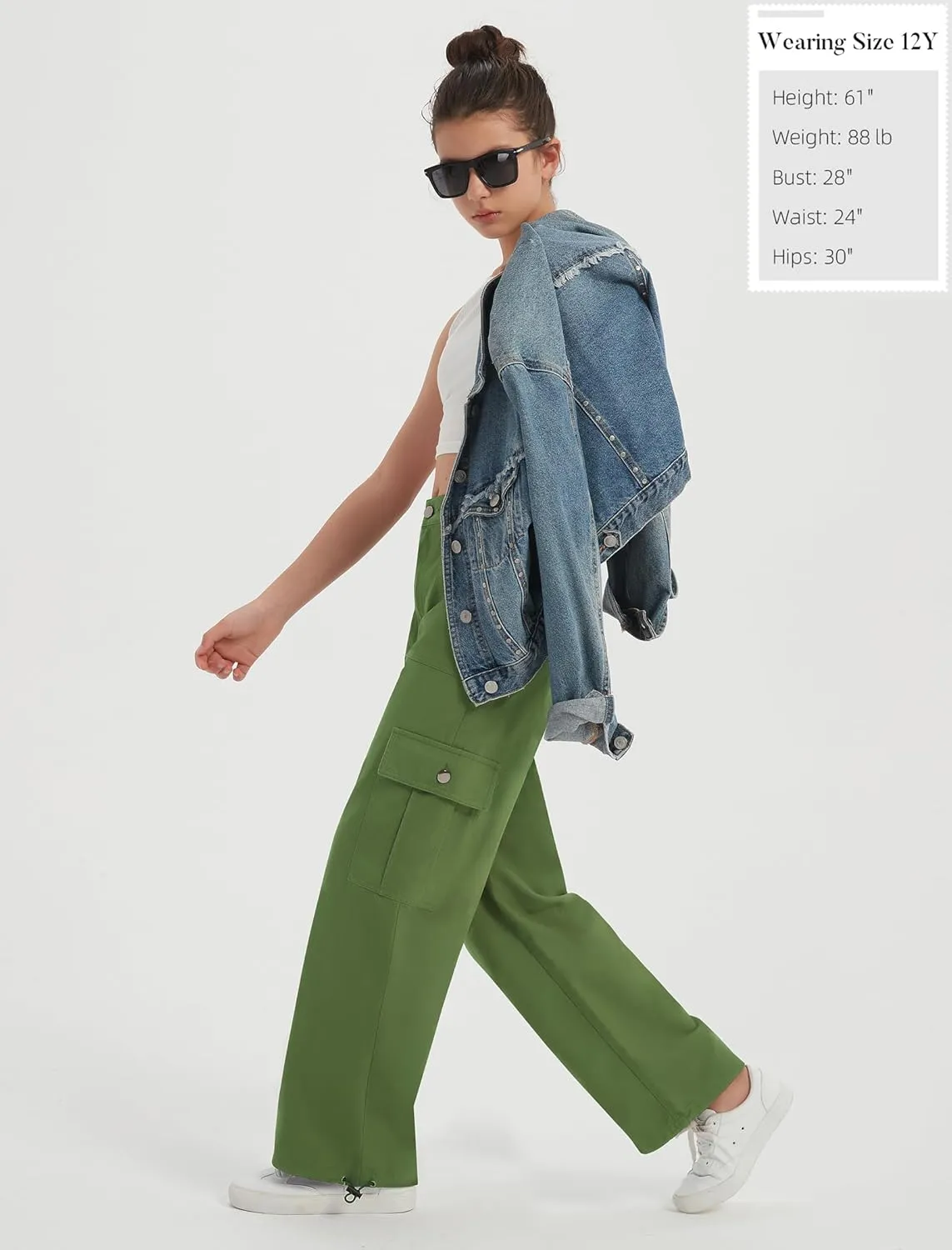 EXARUS Girls Jeans Cargo Pants Baggy Wide Leg High Elastic Waistband Kids Straight Denim Pant with Pockets Youth 8-14Y