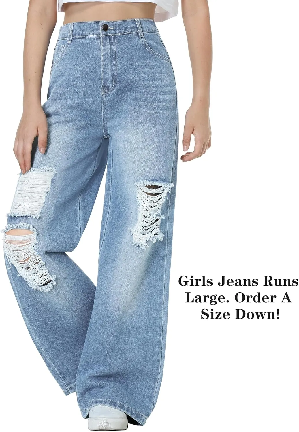 EXARUS Girls Jeans Pants Wide Leg/Flare/Skinny Denim Pant Ripped High Waist Elastic Band Casual with Pockets Kids 6-14Y