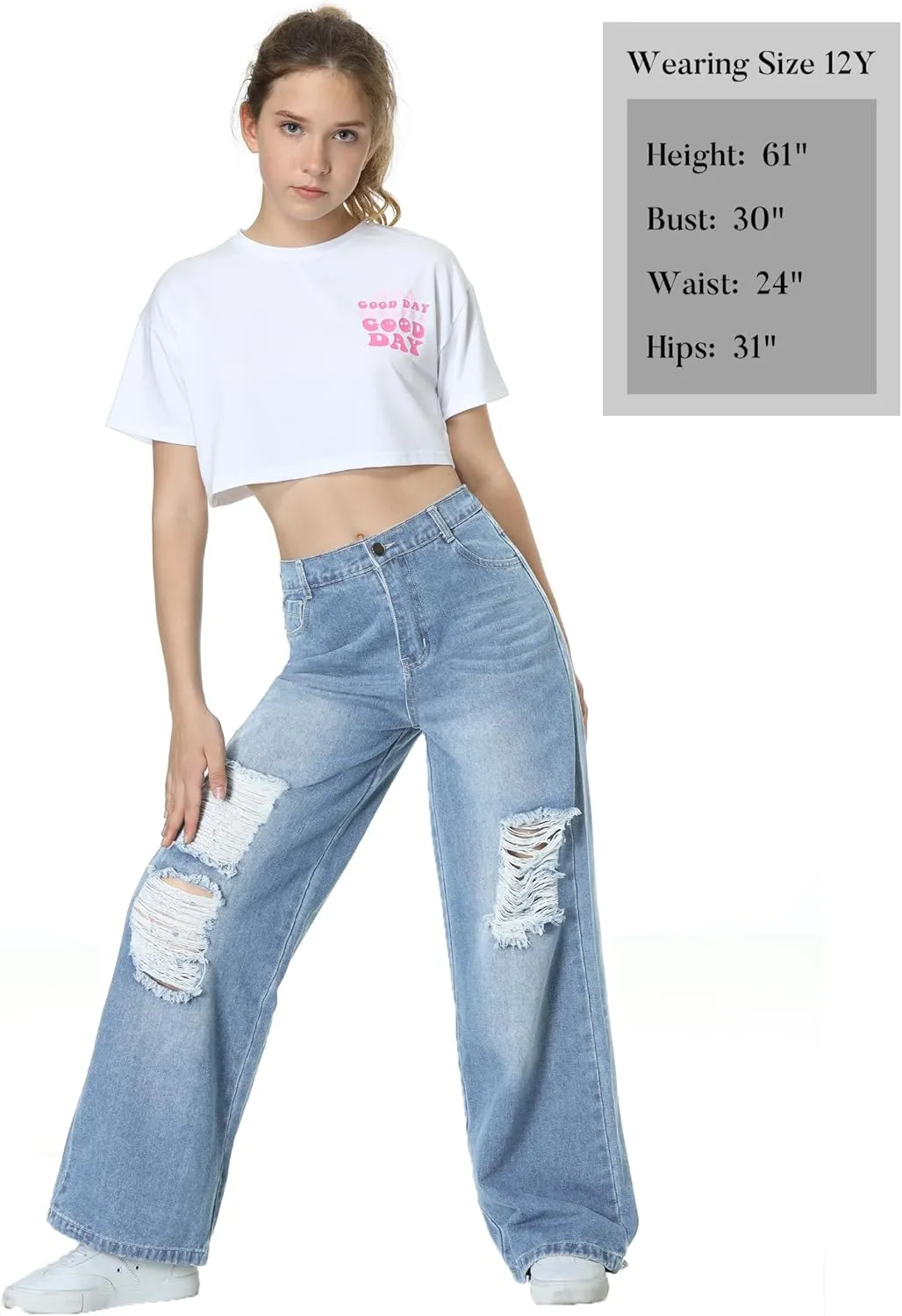 EXARUS Girls Jeans Pants Wide Leg/Flare/Skinny Denim Pant Ripped High Waist Elastic Band Casual with Pockets Kids 6-14Y