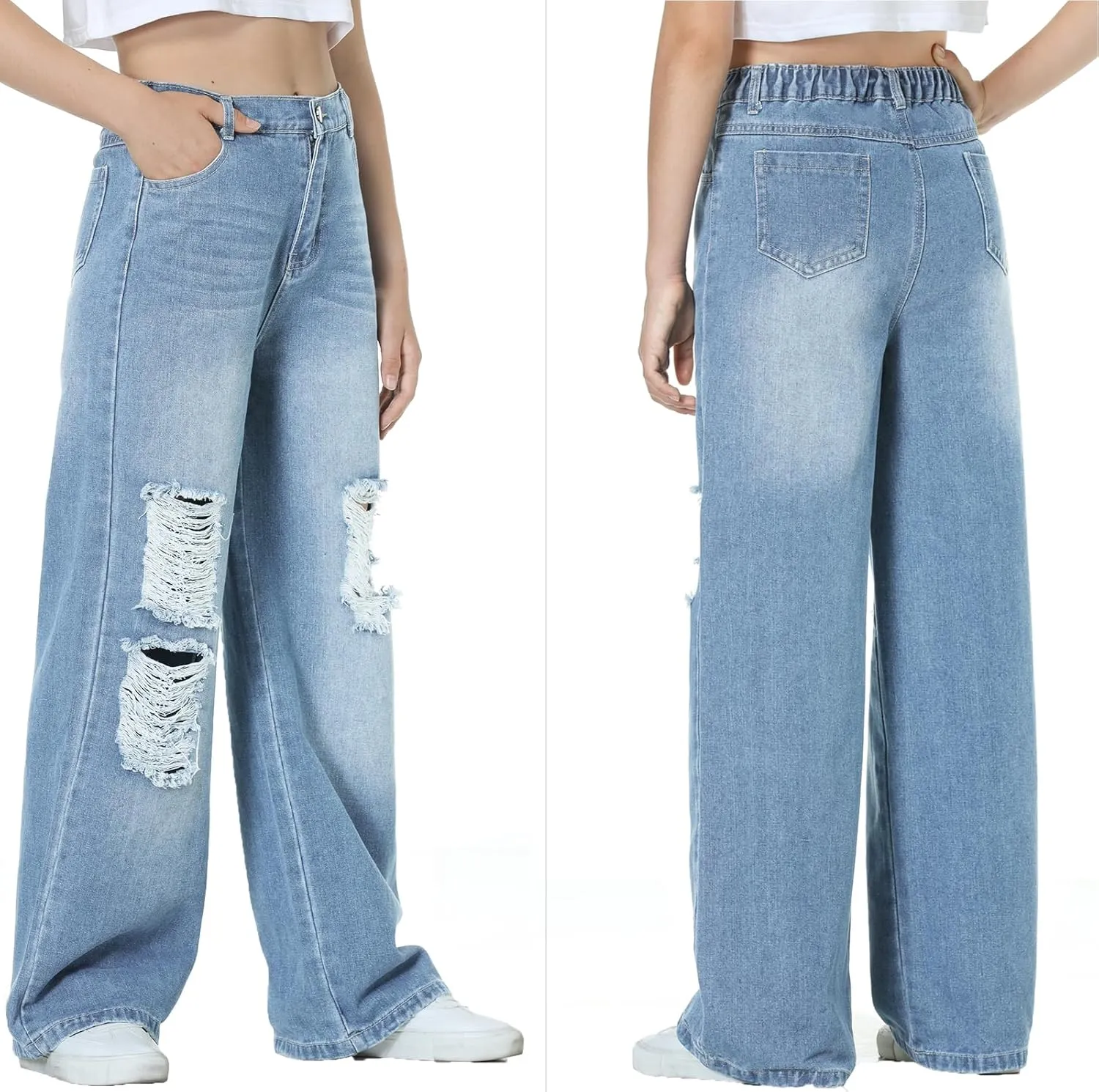 EXARUS Girls Jeans Pants Wide Leg/Flare/Skinny Denim Pant Ripped High Waist Elastic Band Casual with Pockets Kids 6-14Y