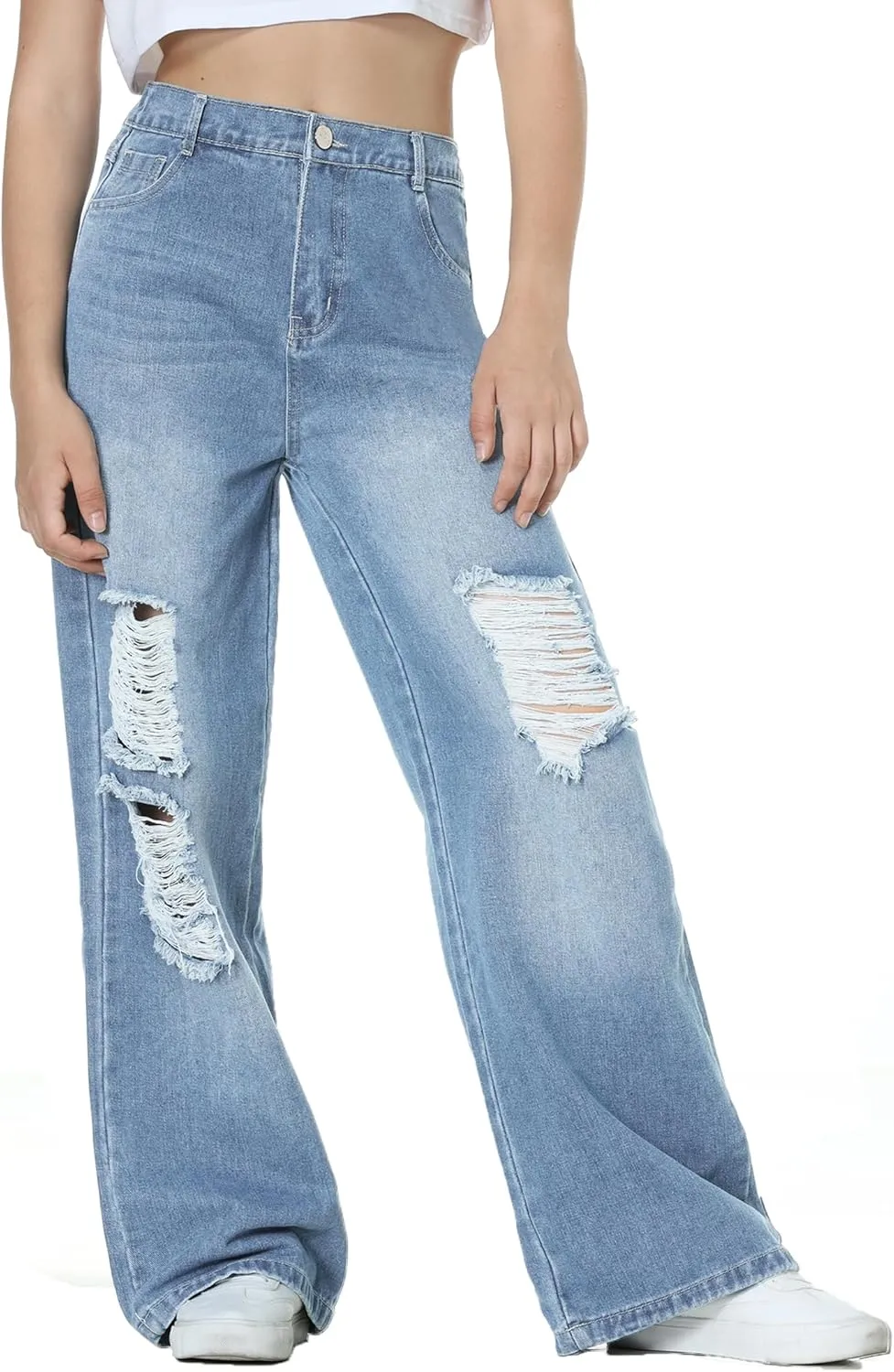EXARUS Girls Jeans Pants Wide Leg/Flare/Skinny Denim Pant Ripped High Waist Elastic Band Casual with Pockets Kids 6-14Y