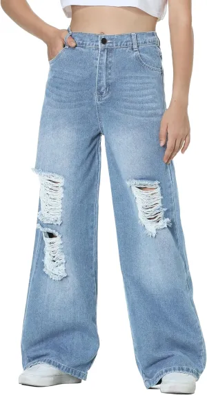 EXARUS Girls Jeans Pants Wide Leg/Flare/Skinny Denim Pant Ripped High Waist Elastic Band Casual with Pockets Kids 6-14Y