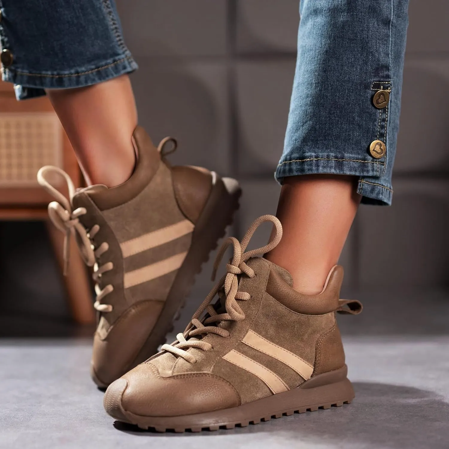 Fashion Sneakers for Women, Lace Up Walking Shoes Genuine Leather Patchwork, High Top Oxford Rubber Comfortable Durable Non-Slip Men Unisex