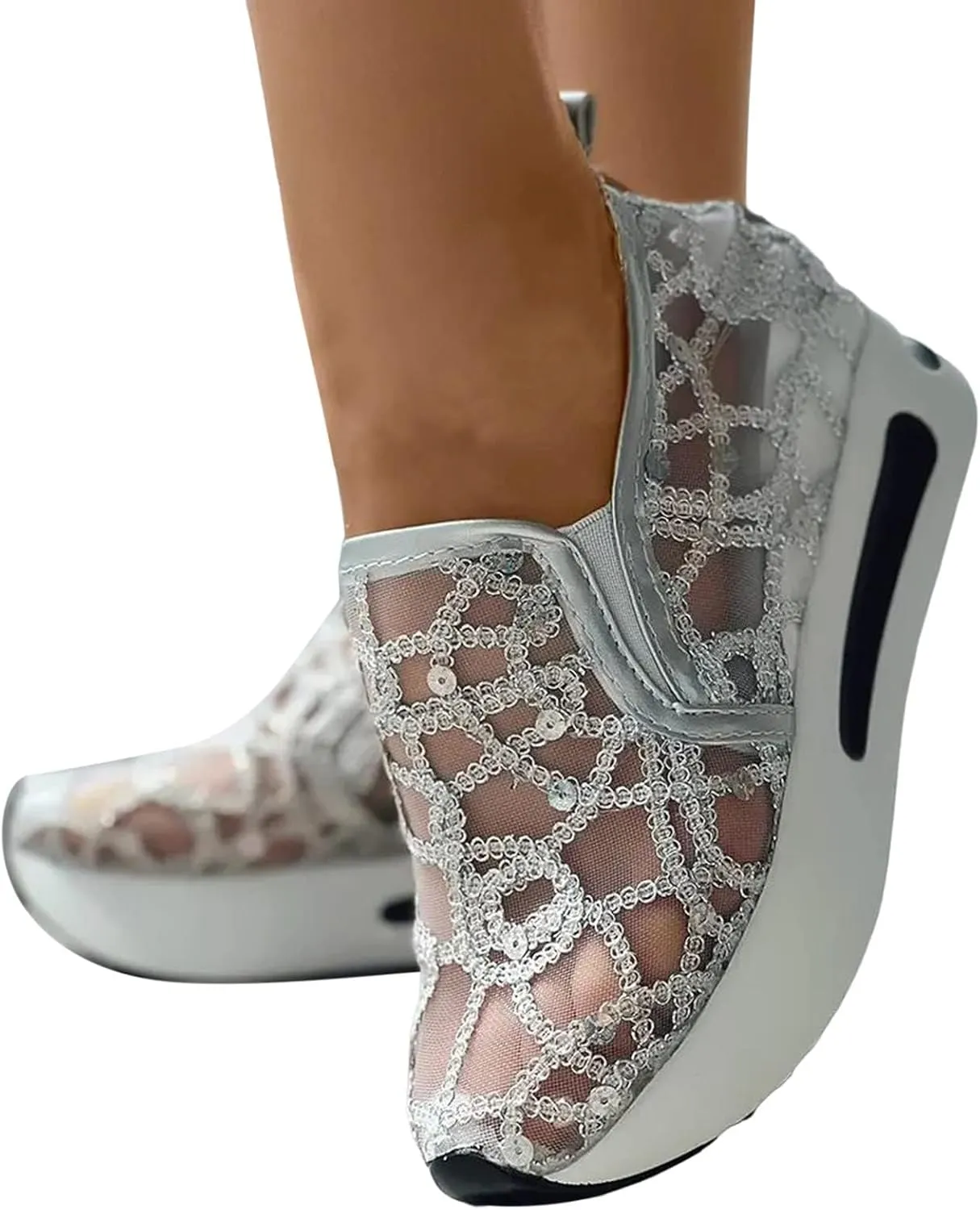 Fashion Sneakers for Women Platform Slip On Sneakers Floral Embroidery Breathable Sheer Mesh Lace Sneaker Dressy Casual Walking Shoes Comfortable Casual Wedge Slip On Work Shoes