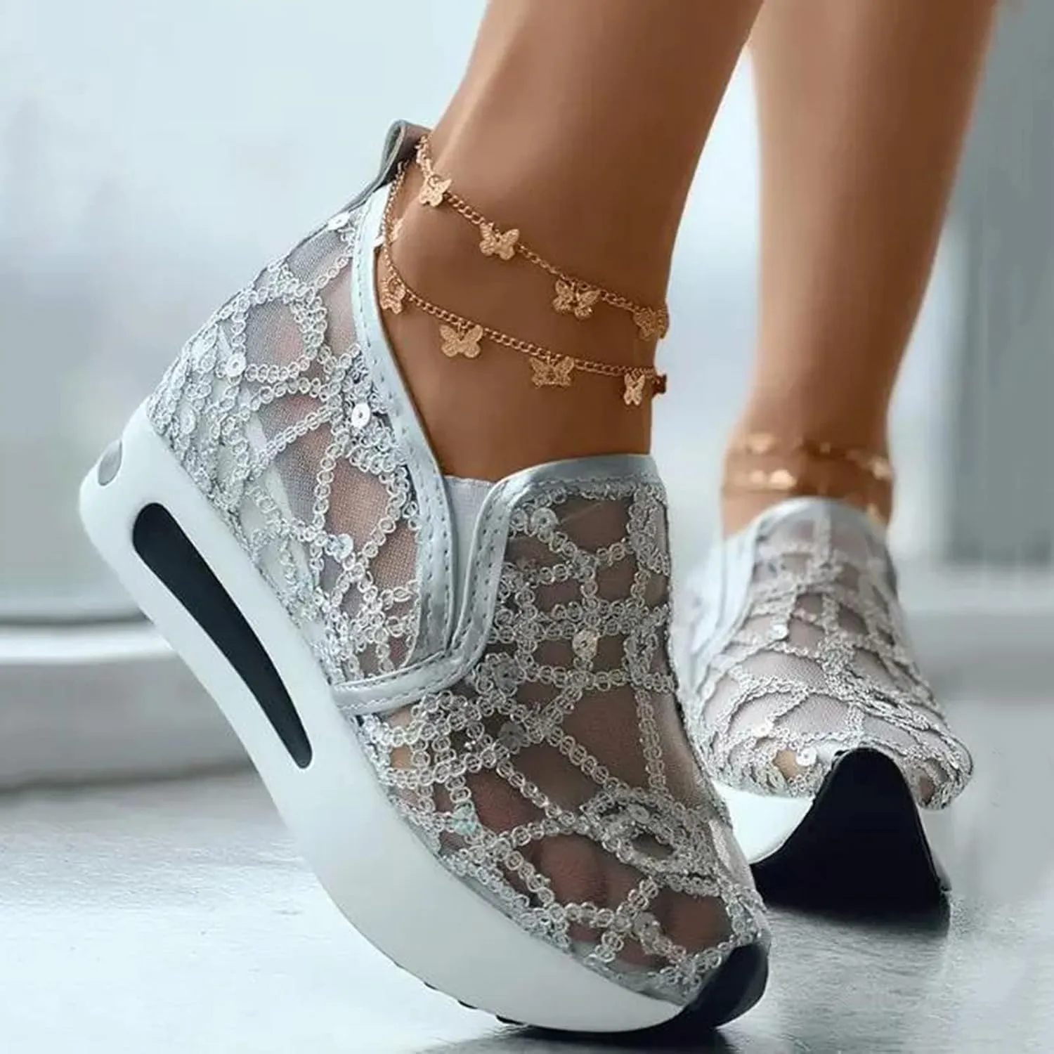 Fashion Sneakers for Women Platform Slip On Sneakers Floral Embroidery Breathable Sheer Mesh Lace Sneaker Dressy Casual Walking Shoes Comfortable Casual Wedge Slip On Work Shoes
