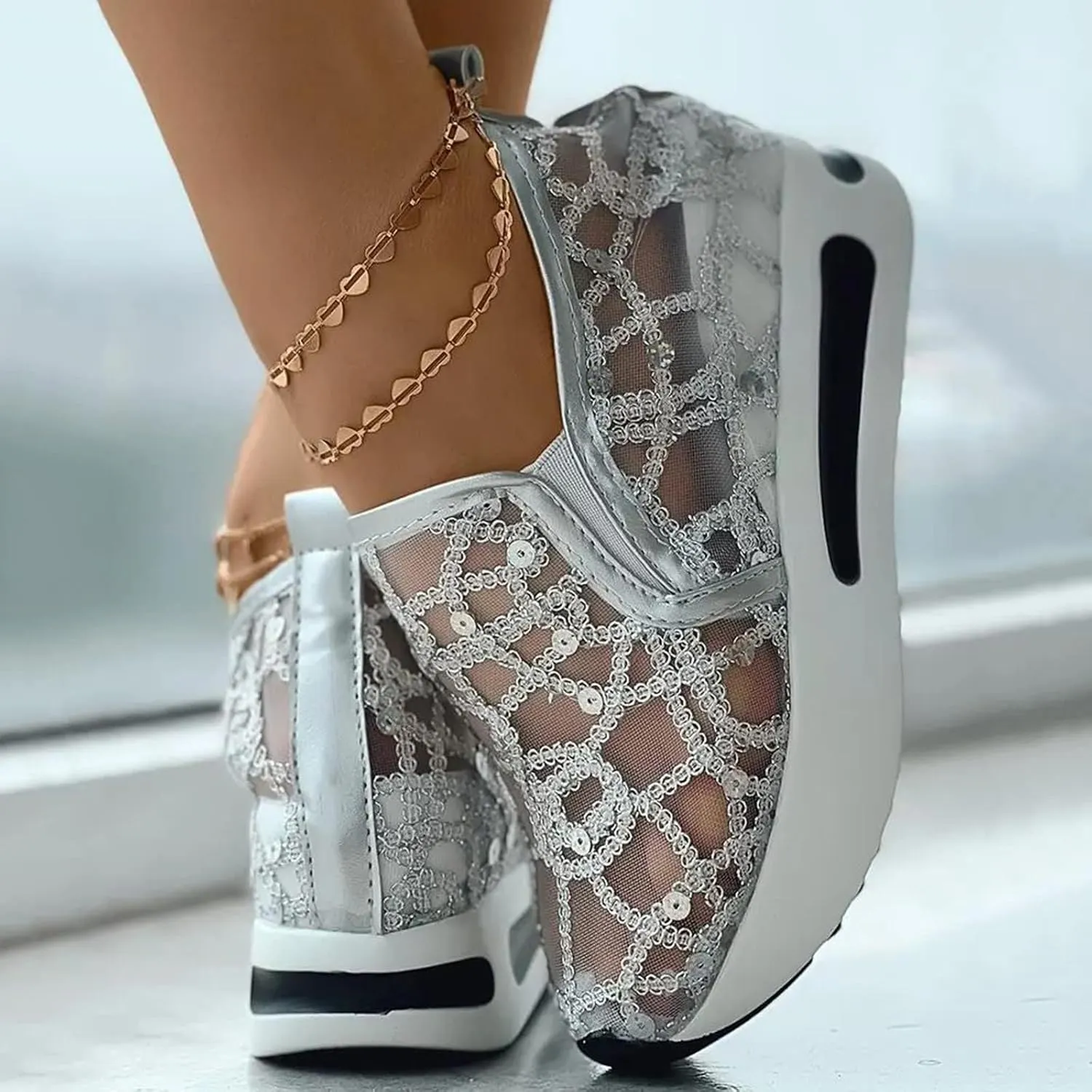 Fashion Sneakers for Women Platform Slip On Sneakers Floral Embroidery Breathable Sheer Mesh Lace Sneaker Dressy Casual Walking Shoes Comfortable Casual Wedge Slip On Work Shoes