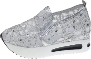 Fashion Sneakers for Women Platform Slip On Sneakers Floral Embroidery Breathable Sheer Mesh Lace Sneaker Dressy Casual Walking Shoes Comfortable Casual Wedge Slip On Work Shoes