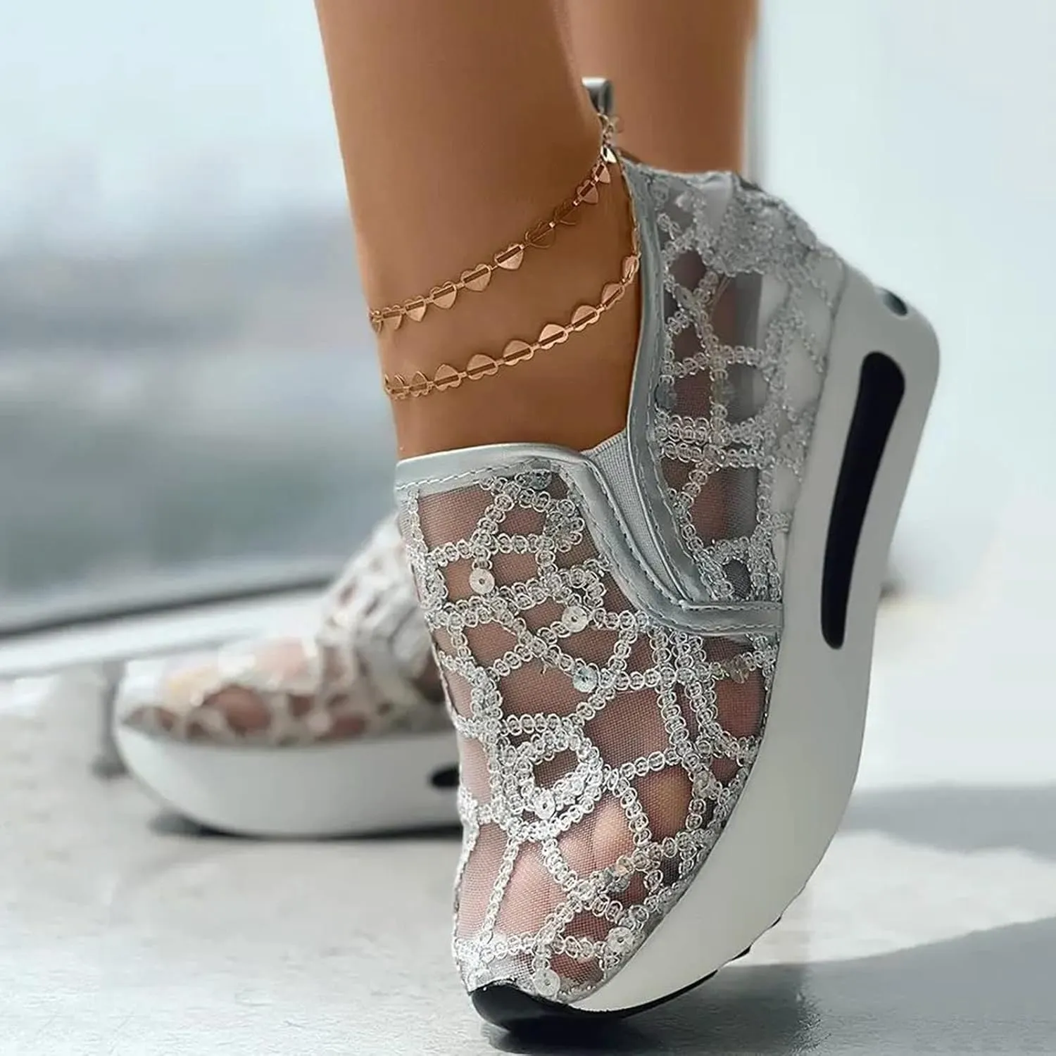 Fashion Sneakers for Women Platform Slip On Sneakers Floral Embroidery Breathable Sheer Mesh Lace Sneaker Dressy Casual Walking Shoes Comfortable Casual Wedge Slip On Work Shoes