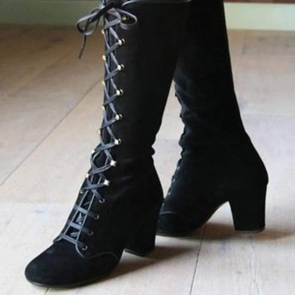 Faux Suede Mid-Calf Height Boot for Women, Casual Lace up Chunky High Heels Booties Winter Warm Vintage Gothic Boots Shoes
