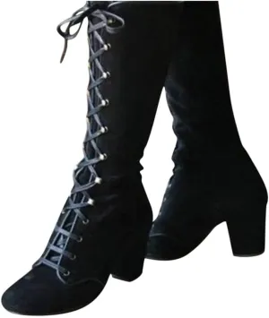Faux Suede Mid-Calf Height Boot for Women, Casual Lace up Chunky High Heels Booties Winter Warm Vintage Gothic Boots Shoes