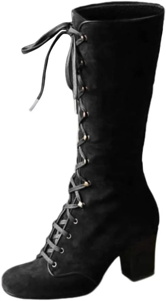 Faux Suede Mid-Calf Height Boot for Women, Casual Lace up Chunky High Heels Booties Winter Warm Vintage Gothic Boots Shoes