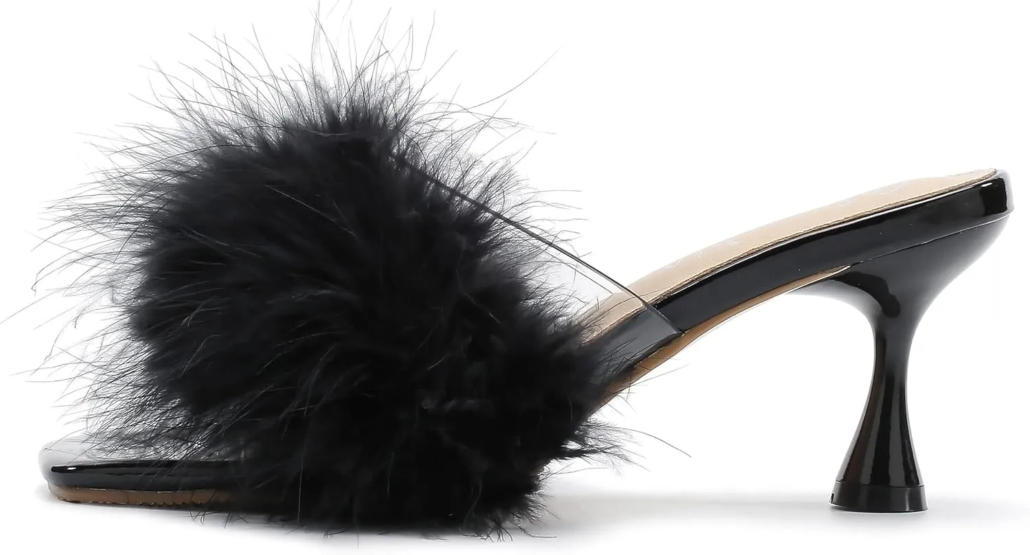fereshte Women's Feather Heels Sandals Fluffy Fur Clear Strap Slip On Square Toe Kitten Mules