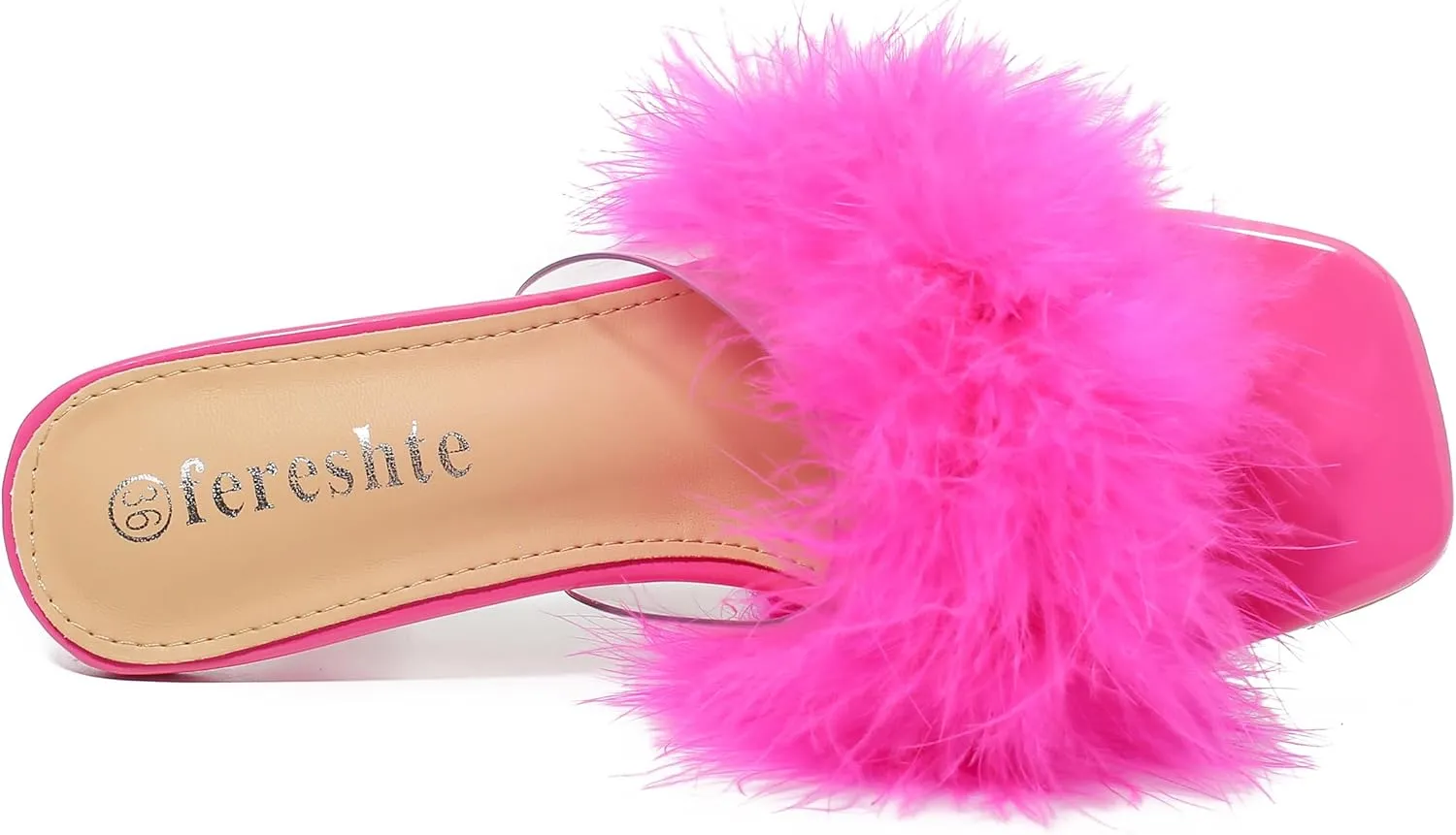 fereshte Women's Feather Heels Sandals Fluffy Fur Clear Strap Slip On Square Toe Kitten Mules