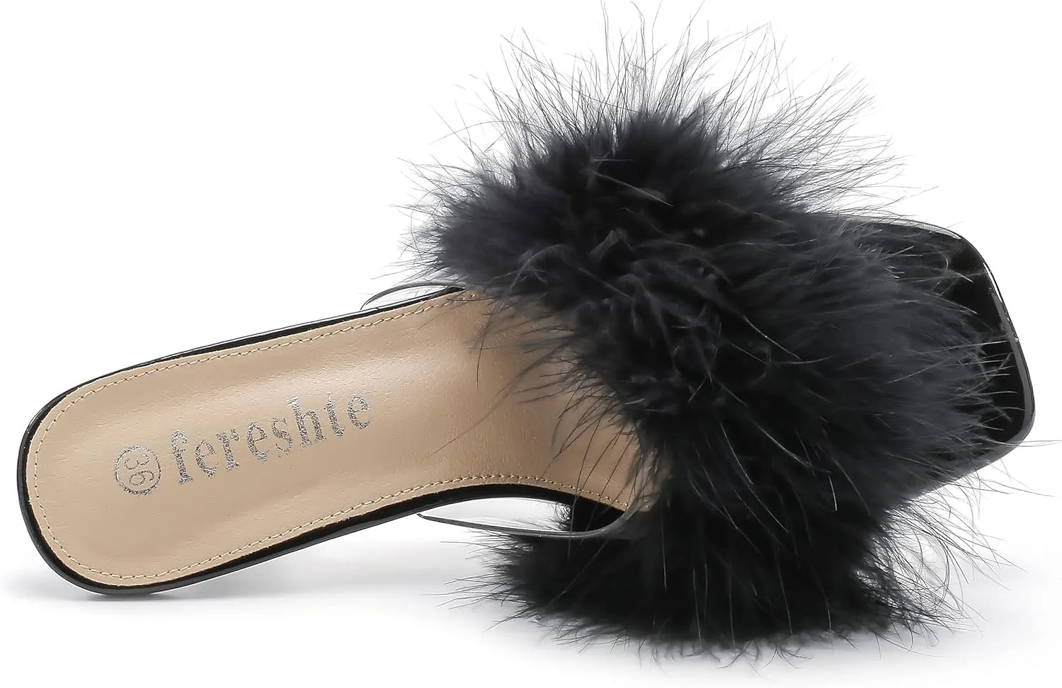 fereshte Women's Feather Heels Sandals Fluffy Fur Clear Strap Slip On Square Toe Kitten Mules