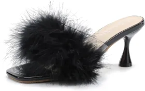 fereshte Women's Feather Heels Sandals Fluffy Fur Clear Strap Slip On Square Toe Kitten Mules
