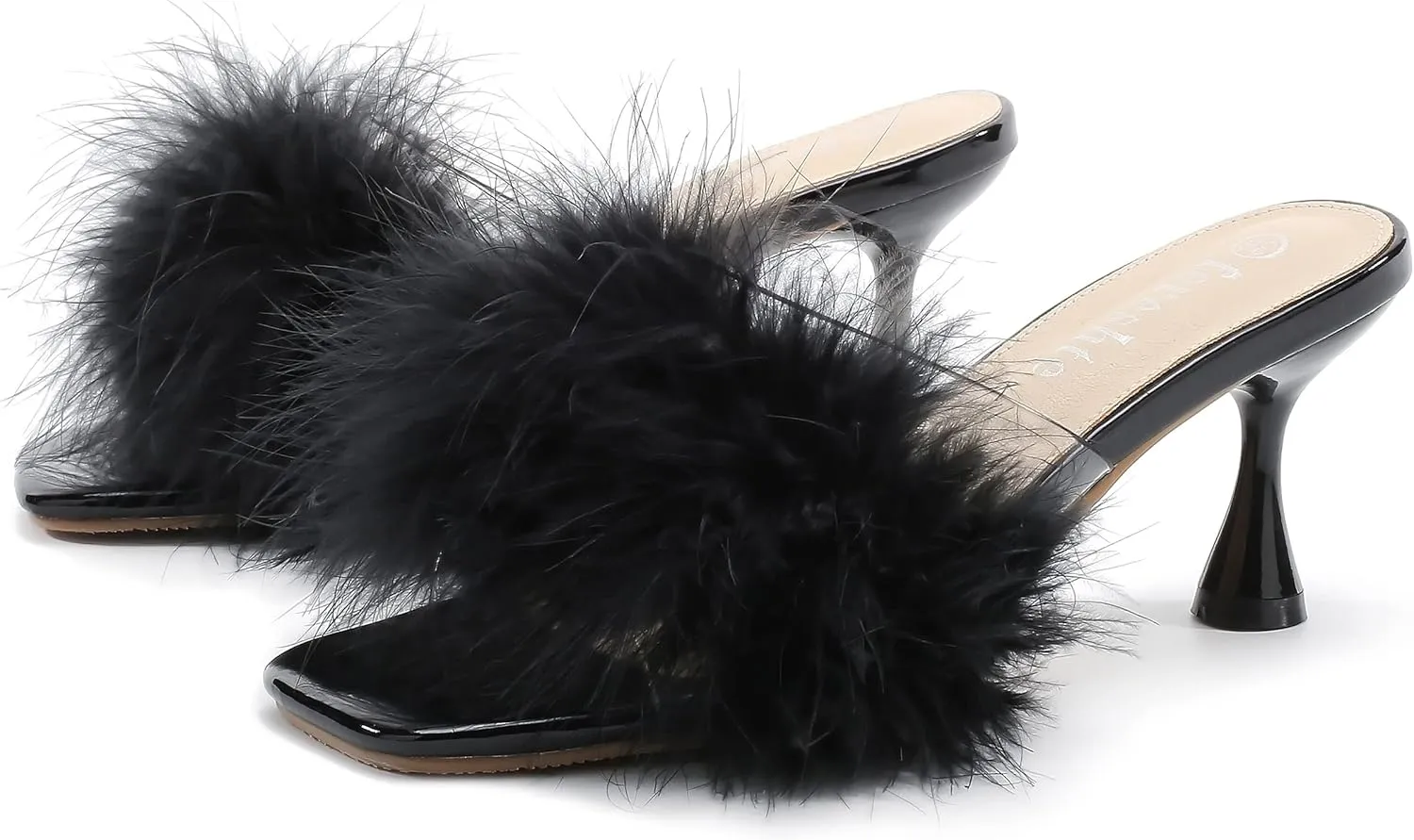 fereshte Women's Feather Heels Sandals Fluffy Fur Clear Strap Slip On Square Toe Kitten Mules