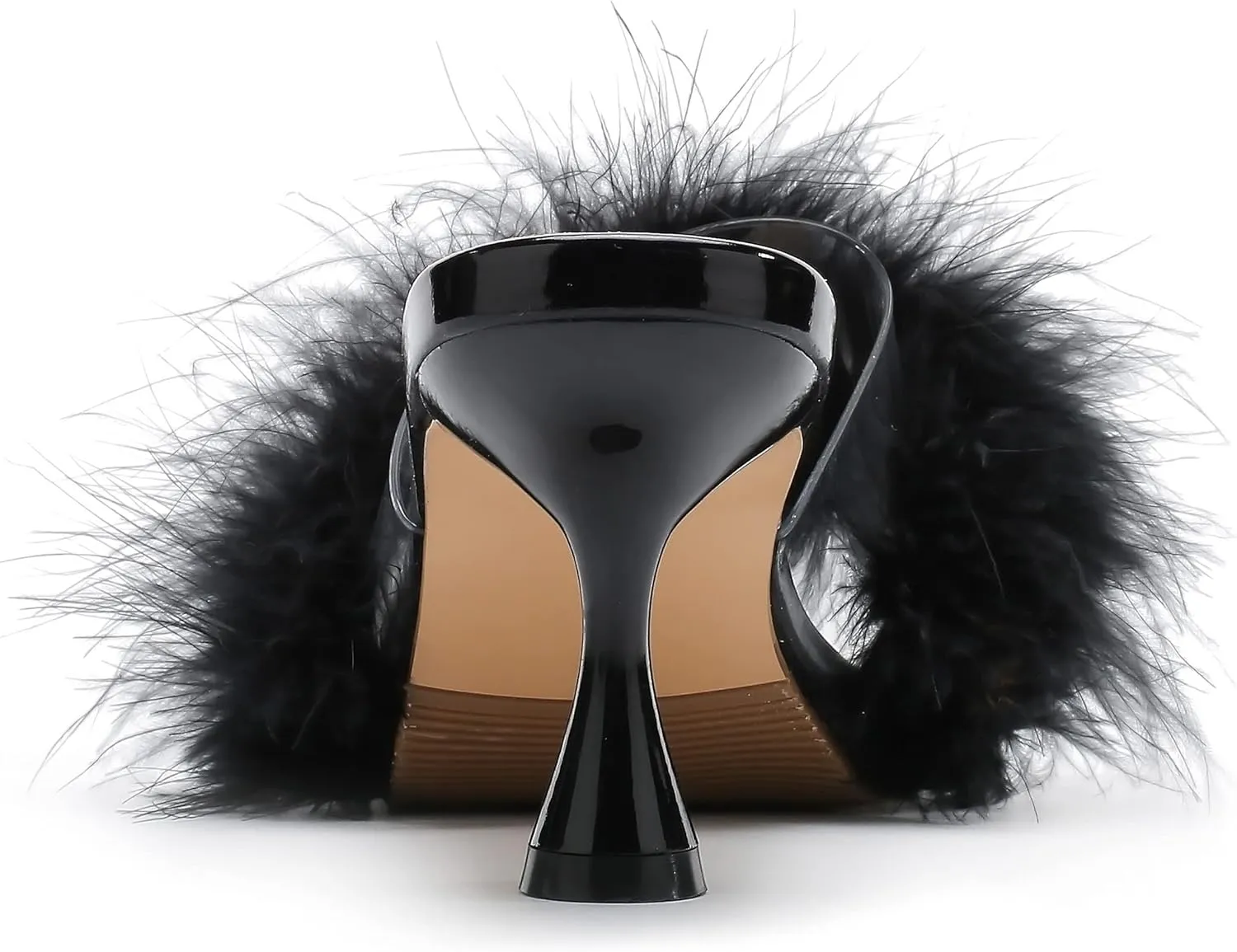 fereshte Women's Feather Heels Sandals Fluffy Fur Clear Strap Slip On Square Toe Kitten Mules