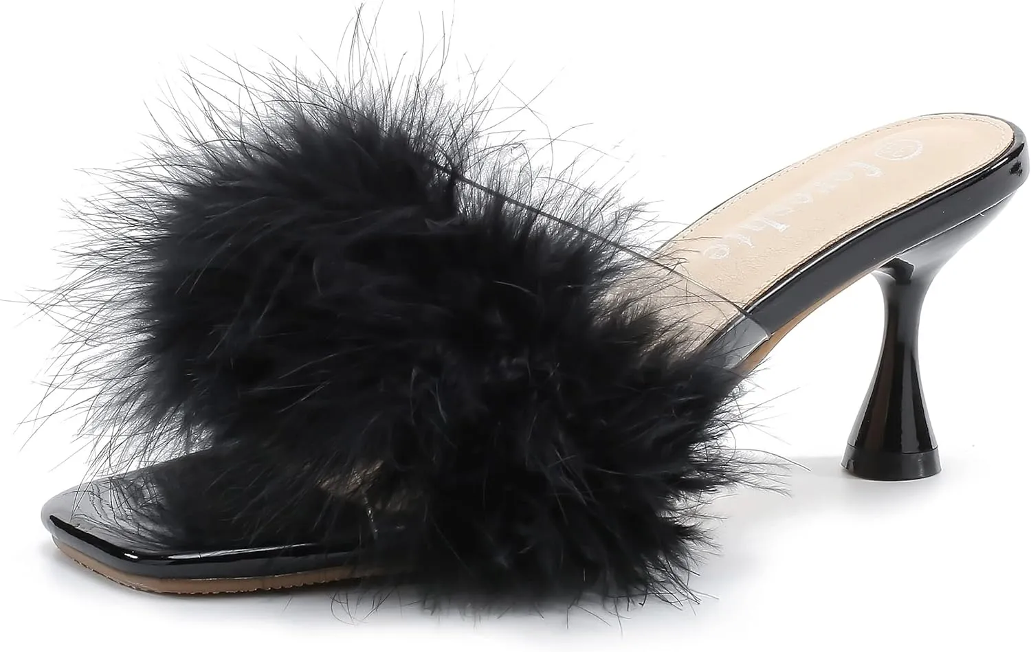 fereshte Women's Feather Heels Sandals Fluffy Fur Clear Strap Slip On Square Toe Kitten Mules