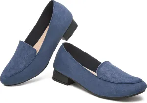 FINIWOR Womens Black Chunky Low Heel Pumps Suede Dress Flats Shoes Comfortable Work Loafers Business Office Shoes