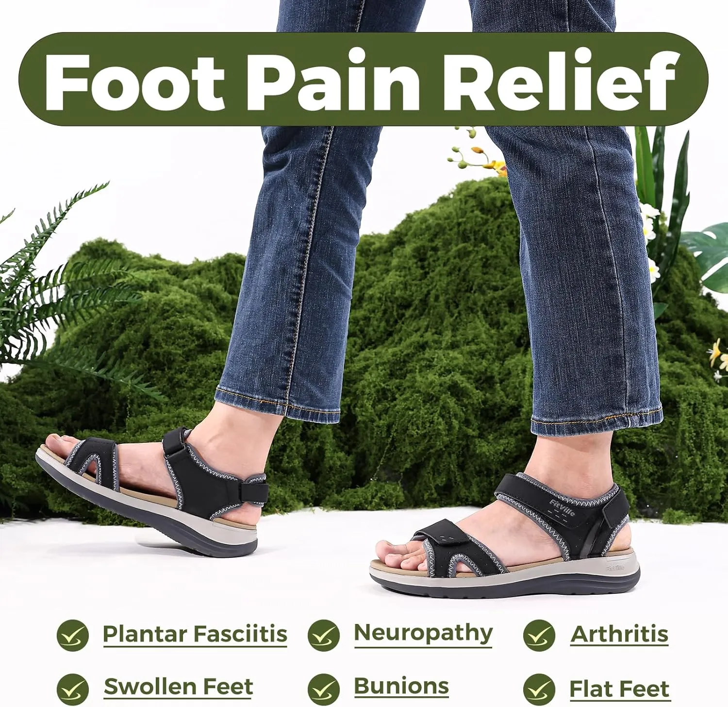 FitVille Women's Orthopedic Wide Sandals Strappy Arch Support Flat Sandals for Plantar Fasciitis & Swollen Feet | Adjustable Ankle Strap