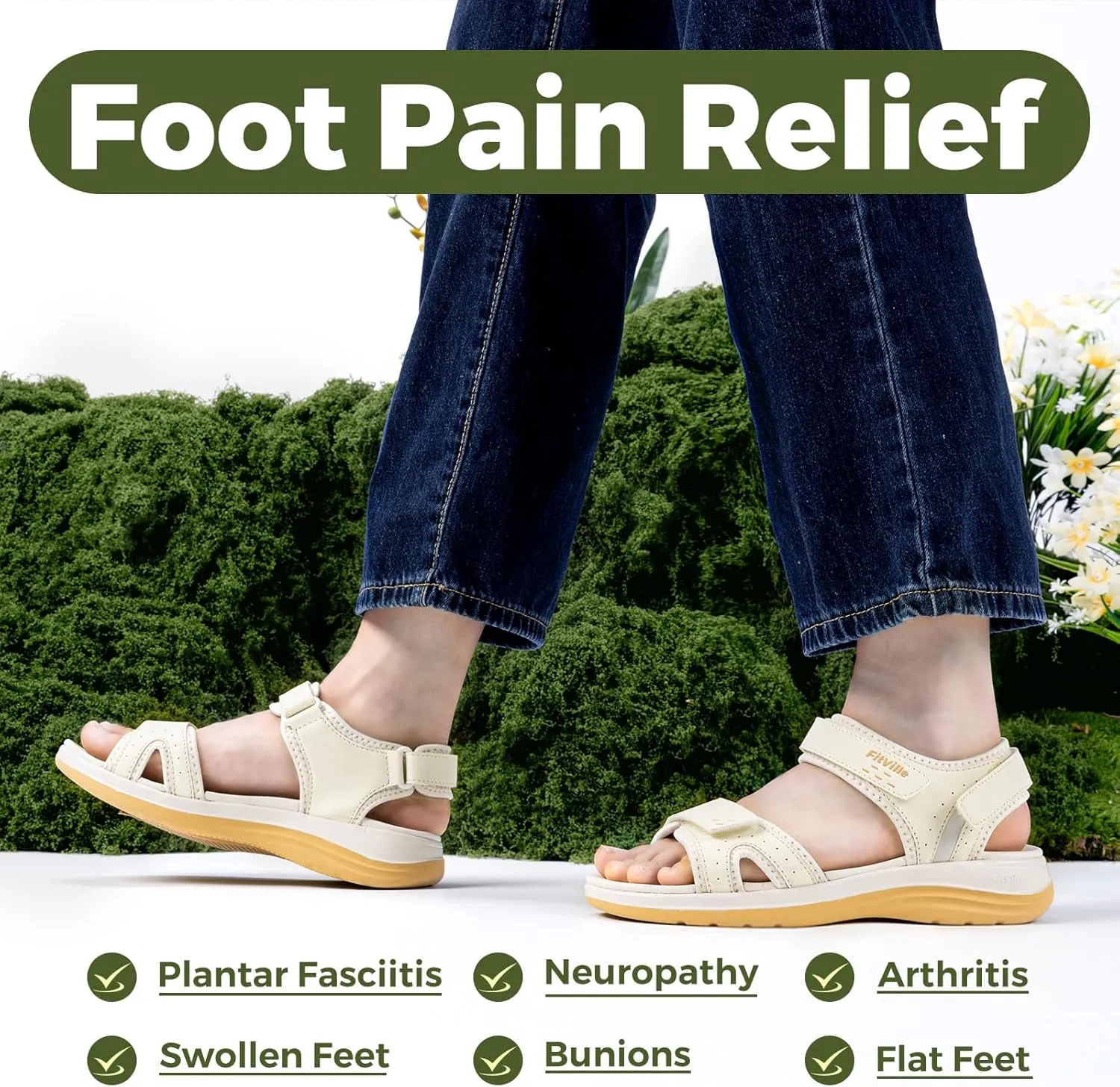 FitVille Women's Orthopedic Wide Sandals Strappy Arch Support Flat Sandals for Plantar Fasciitis & Swollen Feet | Adjustable Ankle Strap