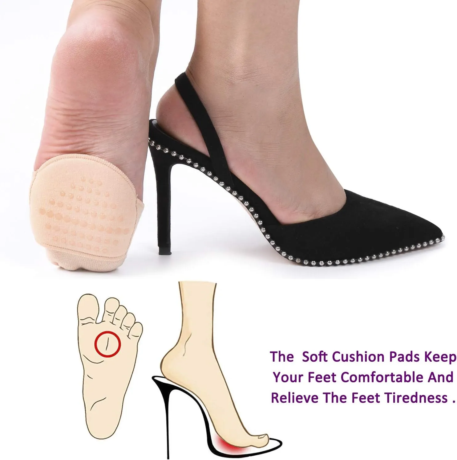 Flammi 6 Pairs Ball of Foot Cushion Socks,Women's Toe Cover with Padding Toe Topper Liner Socks Non-Skid Bottom