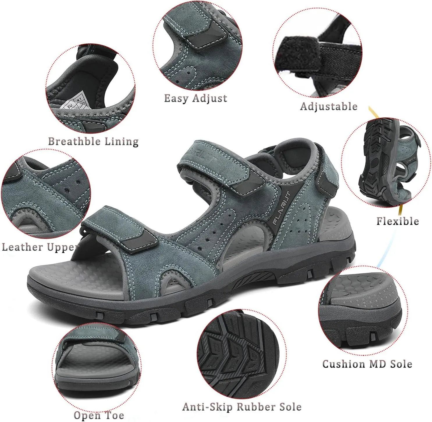 FLARUT Men's Athletic Sandals Sport Outdoor Hiking Sandals Open Toe Leather Walking Sandals Beach Water Shoes