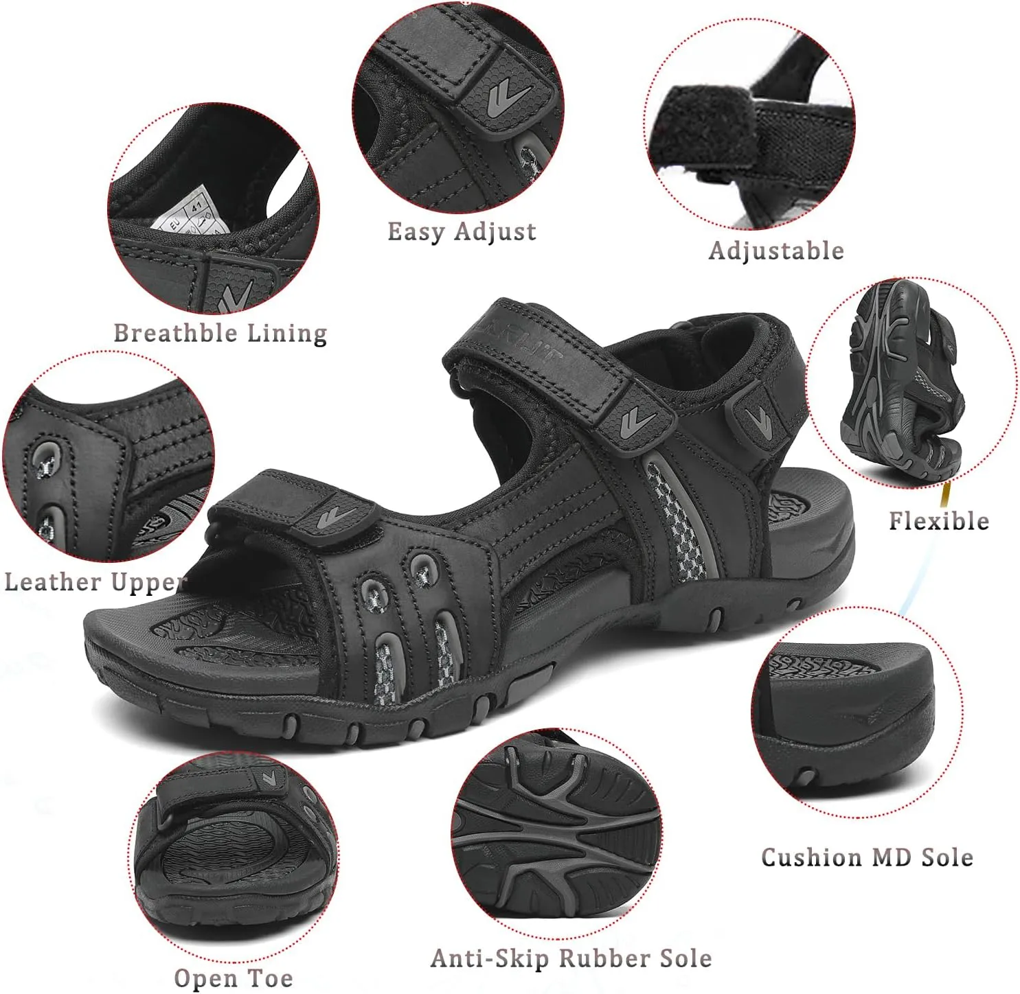 FLARUT Men's Athletic Sandals Sport Outdoor Hiking Sandals Open Toe Leather Walking Sandals Beach Water Shoes